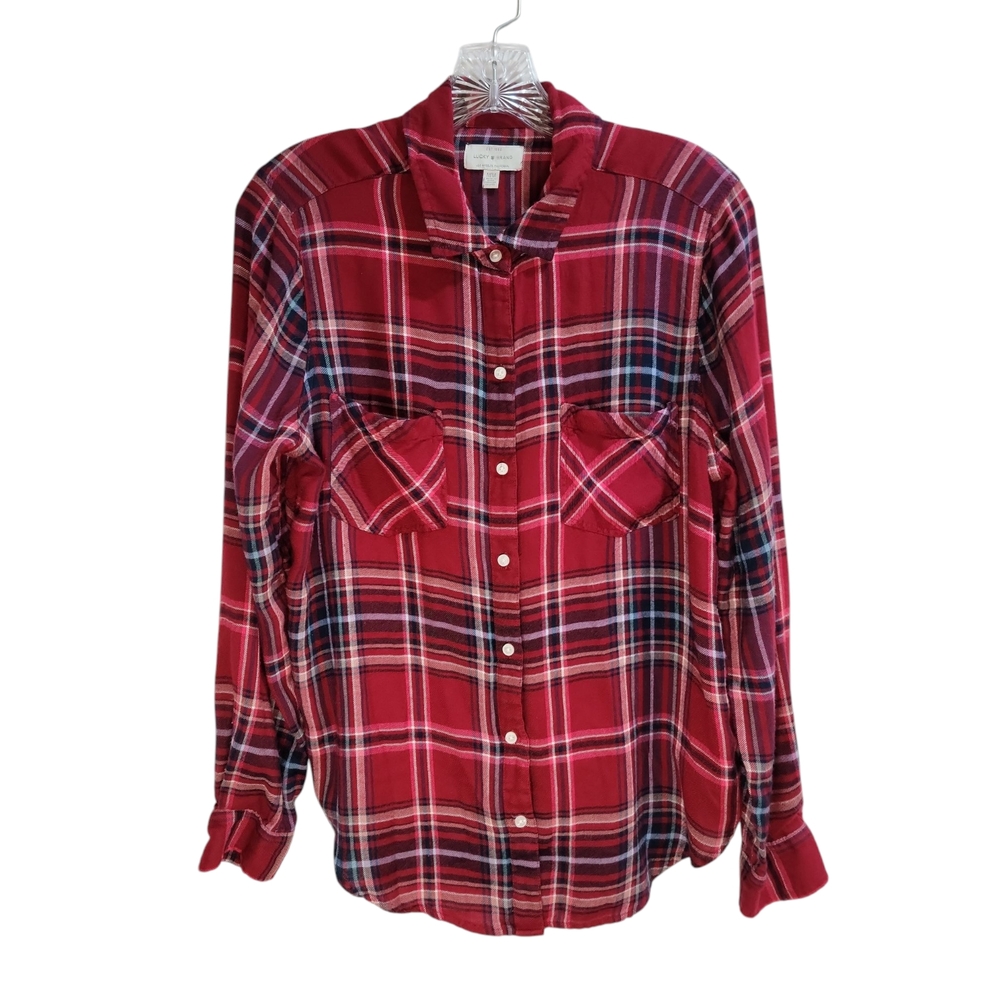 Lucky Brand Red Plaid Flannel Shirt‎ Women's M Slit In Back Classic Fit